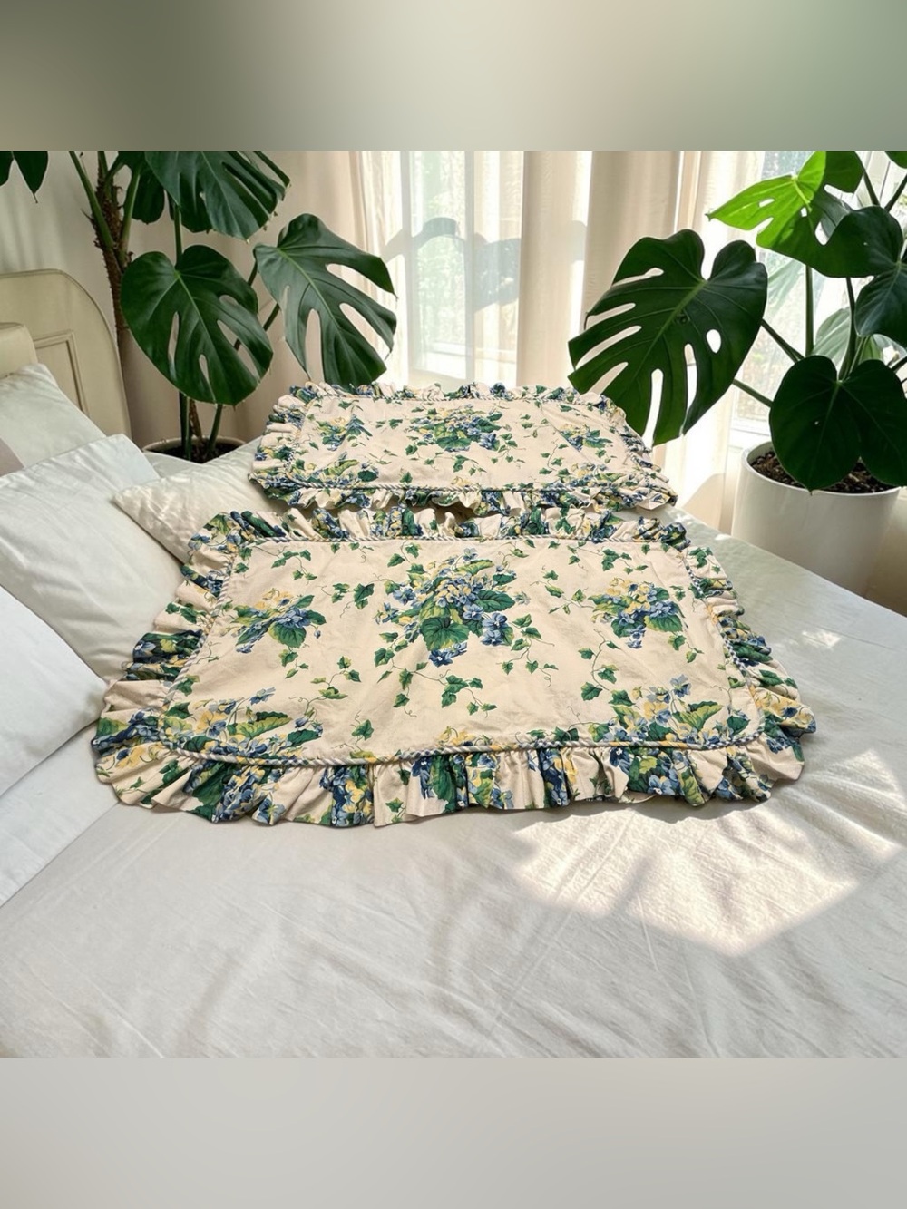 2 Waverly Home Sweet Violets Garden Room Pillow Shams Ivy Plaid Stripe Cord Trim